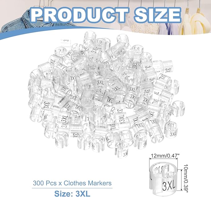 PATIKIL 300 Pcs Clothes Hanger Markers 3XL Fit Rod Garment Size Tag Hanger Clips Round Color Coding Label for Clothing, Clear