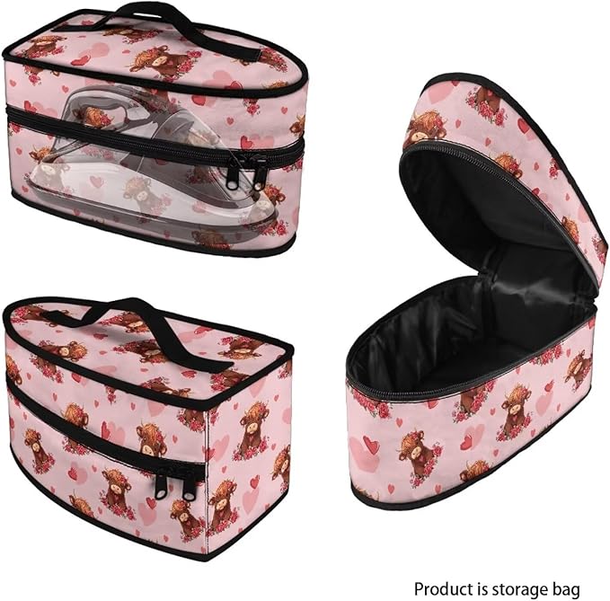 Rose Steam Iron Case Bag for Valentine's Day Highland Cow Print Portable Protective Iron Storage Bag Travel Carrying Case Fits Most Mini Size Irons