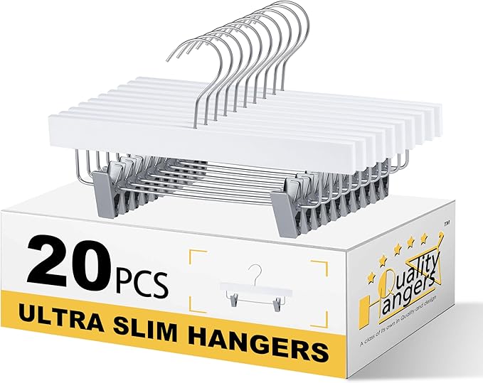 Quality 12-Inch Ultra Slim Kids Wooden Hangers – 20-Pack – Space Saving White Design with Nickel Swivel Hook – for Baby Clothes, Shirts & Dresses (White, Skirt/Pant, 20 Pack)