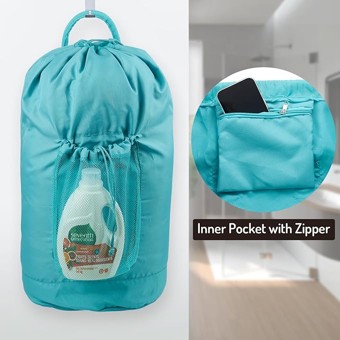 Seiritex Backpack Laundry Bag with Straps and Detergent Holder, Clothes Laundry Backpack for College Travel Apartment Dorm Room (Green)