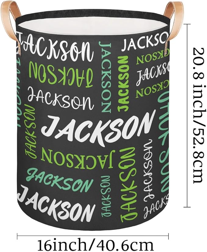 Custom Name Large Laundry-Basket for Kids-Boys-Girls, Personalized Foldable Waterproof Laundry Hamper Dirty Clothes Toys Storage Bin with Handles,Grey Green