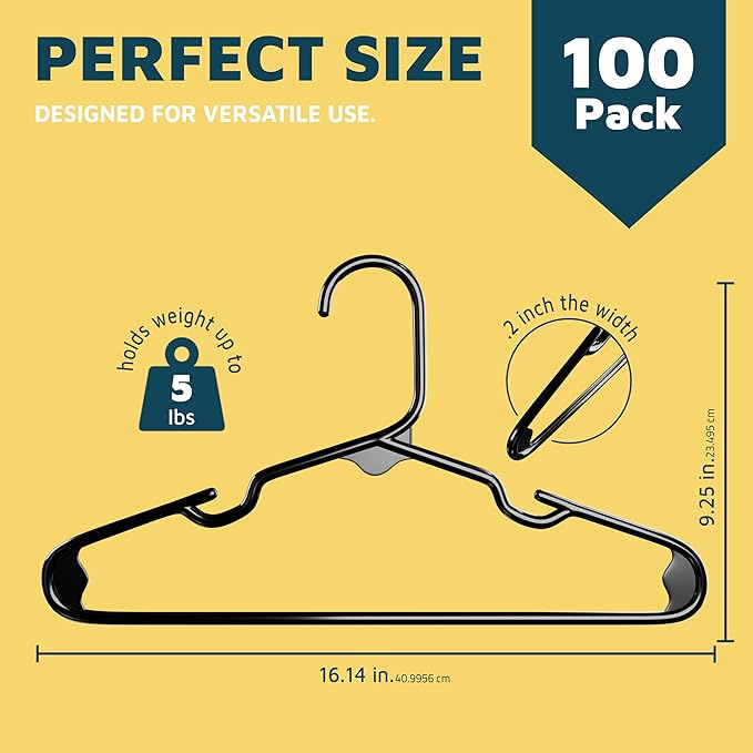 Lifemaster Plastic Kids Clothes Hanger – Children Clothes Hanger with Shoulder Notch, 11.6 Inch Space-Saving Closet Organizer for Baby, Toddler, and Kids Clothing, Hold Up To 5 lbs, Pack of 100, Black