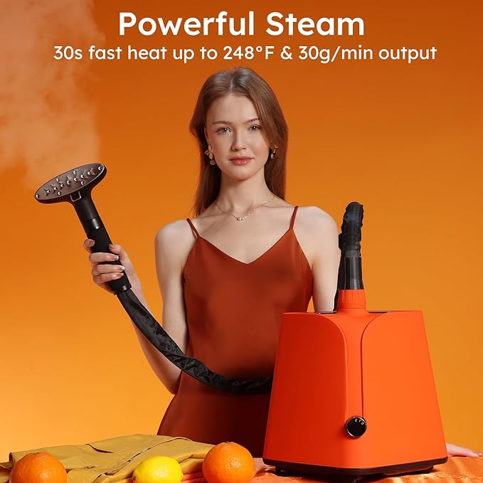 Colorful Standing Garment Steamer for Clothes, 2000W Professional Hanging Clothing Steamer with Stand, Commercial Cloth Fabric Steamers with 1.8L Water Tank for 45min Steaming, Orange