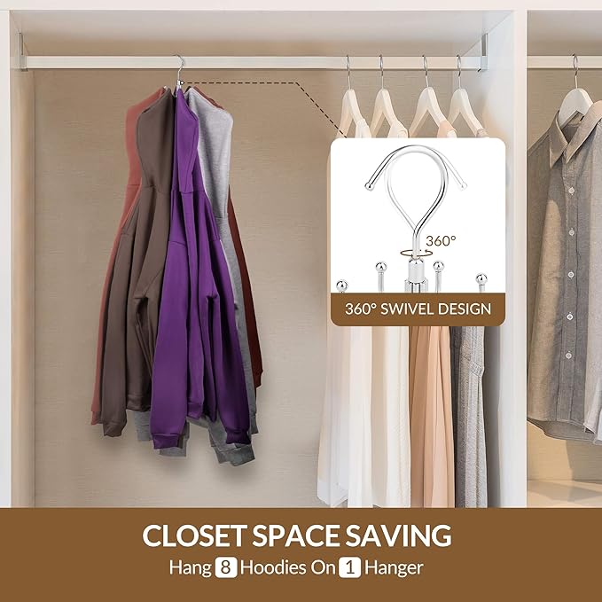ZEDODIER Hoodie Hangers, Rotatable Hoodie Organzier for Closet, Max 8 Storage Capacity Hoodies Holder, Metal Space Saving Closet Organizers and Storage, Silver