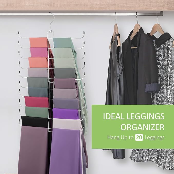 2 Pack Leggings Hangers for Closet, Metal Yoga Pant Legging Organizer Holds 40 Leggings, 360° Rotating Space Saving Hanging Closet Organizers and Storage, Silver