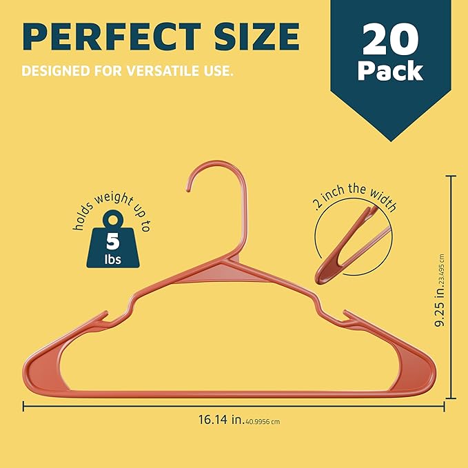 Lifemaster Plastic Clothes Hangers – Heavy Duty Hanger Set, for Organizing Clothes, Dresses, and Coat, Holds Up to 5 lbs, Space-Saving Hangers with Non-Slip Shoulder Grooves, Pack of 20, Dark Brown