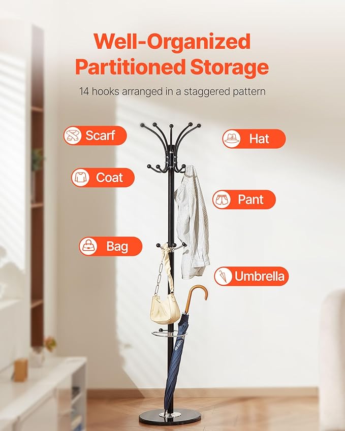 VEVOR Freestanding Coat Rack, Metal Coats Rack Stand with Umbrella Holder, Stable Marble Base & 14 Hooks, Hall Coat Tree for Entryway, Bedroom, Living Room, Stylish Coats Hanger for Hats, Scarves, Bag