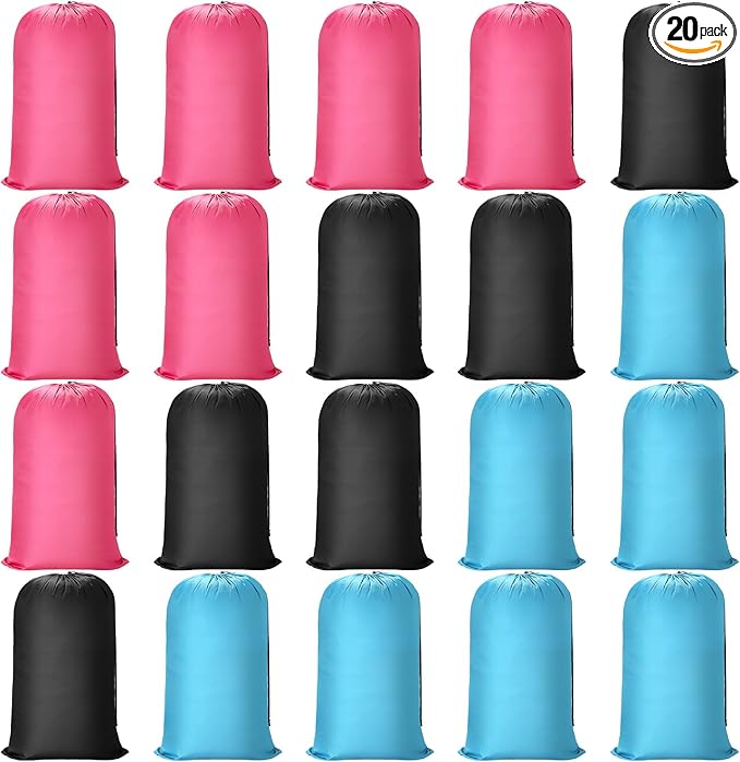 Nuogo 20 Pcs Laundry Bag Washable Travel Laundry Bags with Drawstring Lock Closure Large Heavy Duty for Camping Tent Blankets Dirty Clothes Yarn Fabric Storage, Multi Use(Black, Blue, Pink)