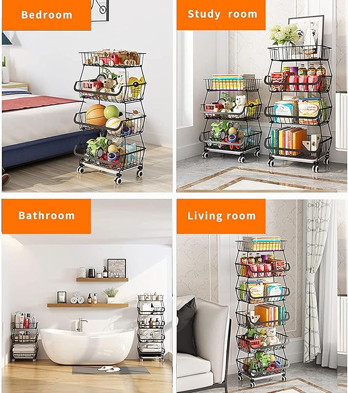 Metal Wire Baskets with Wheels, Stackable Storage Bins Kitchen Organizer Shelf 3-4-5-6 Tier Fruit Vegetable Cart Dishes Seasonal Rack Shelves for Garage, Pantry, Bathroom and Produce holder
