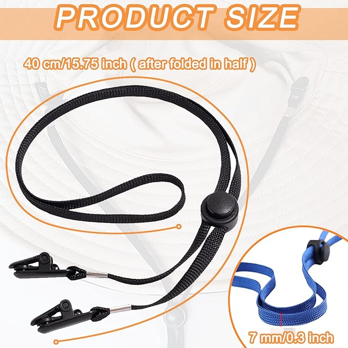 5 Pieces Adjustable Hat Strap Clips Windproof Anti-Loss Cap Strap Clips Hat Chin Cord for Travel, Golfing, Fishing Black