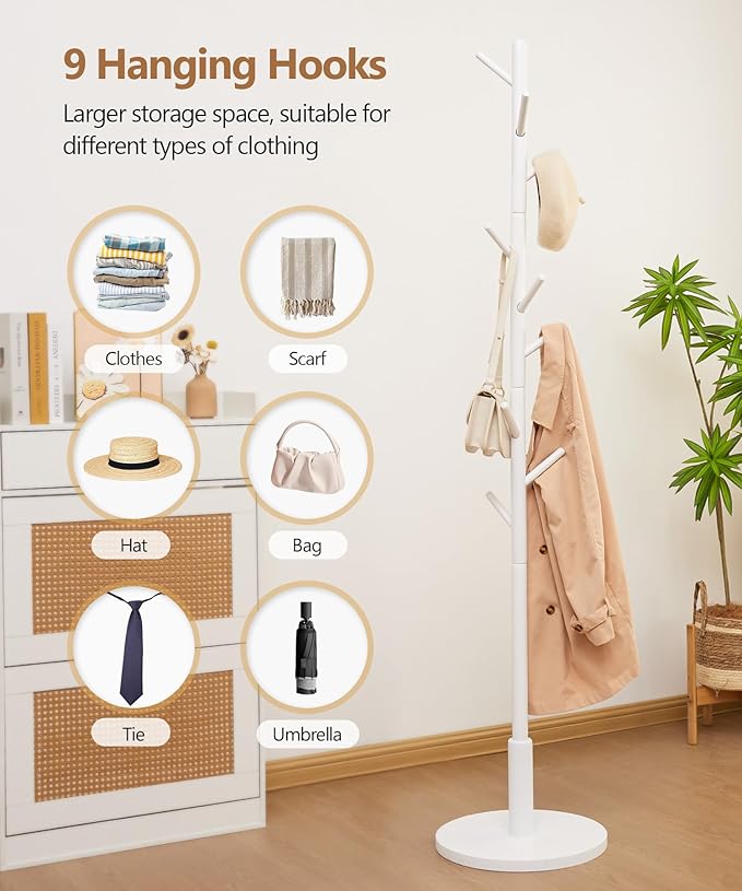 Standing Coat Rack,Wooden Coat Rack Stand with 9 Hooks and 3 Height Adjustable,Beech Wood Tree Coat for Bedroom,Office,Entryway (White)