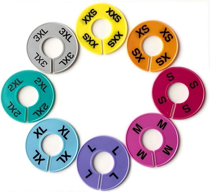 Set of Colored Clothing Round Rack Size Dividers (XXS - 3XL) Various Quantities Available (32)