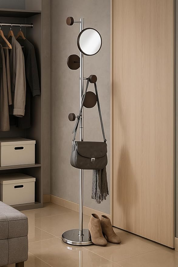 Proman Products Milano Silver Metal Freestanding Coat Rack, Coat Tree with 6 Walnut Color Hooks Included a 7" Mirror for Living Room, Bedroom, Entryway, Office, mudroom