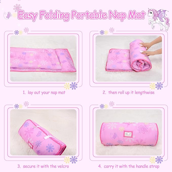 Unicorns Nap Mats for Preschool with Removable Pillow and Blanket Kids Sleeping Bag with Pillow Reinforced Stitching Machine-Washable, Soft Nap Mats for Daycare, Travel, Camping 53"x21"