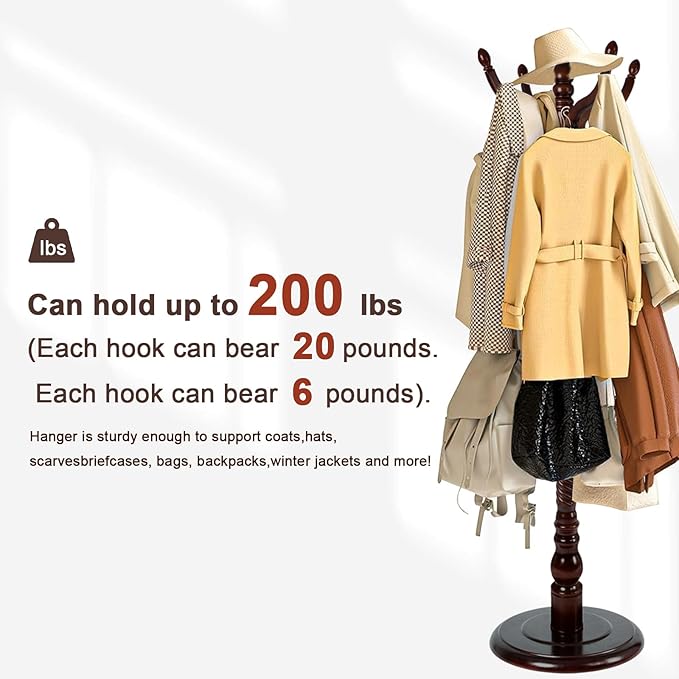 Coat Racks Freestanding, Natural Wood Coat Stands with 11 Hooks, 75" Heavy Duty Adjustable Height Vintage Hall Tree for Entryway, Bedroom, Office, Easy Assembly (Dark Brown)