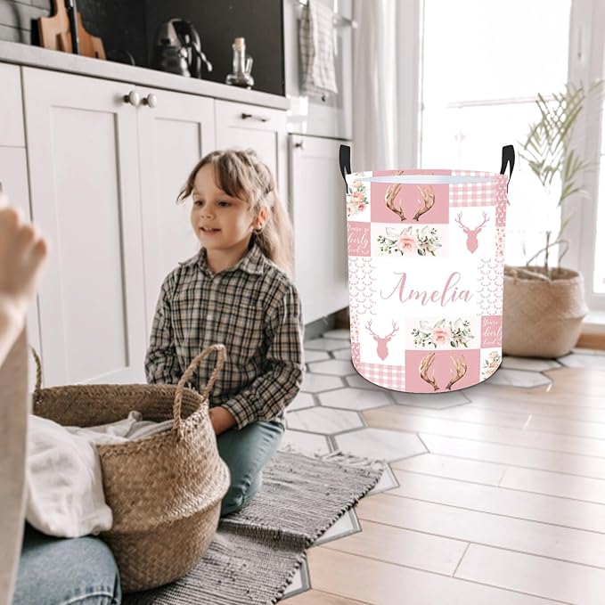 Custom Name Deer Laundry Baskets, Personalized Pink Laundry Basket for Kids & Adults, 2 Sizes Storage Organizer