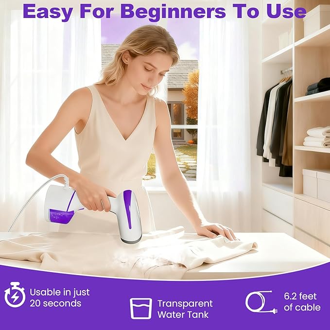 DBC Steamer for Clothes 1500W, 20S Fast Heat-up Portable Handheld Steamer for Clothes, 2 in 1 Fabric Wrinkle Remover with Fabric Brush, 250ml Water Tank, Ideal for Home, Office, Travel, Purple