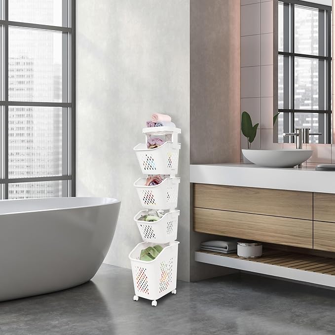 4-Tier Rolling Laundry Hamper, Plastic Laundry Cart Organizer with Wheels, Compact Laundry Baskets, Vertical Rolling Laundry Sorter for Small Space, Dorm, Bathroom