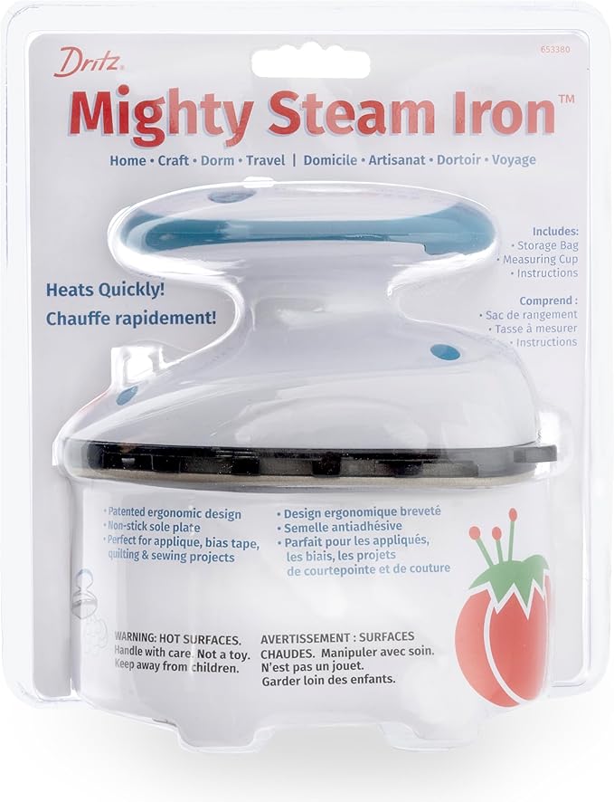 Dritz Mighty Travel Steam Iron: Mini Iron for Quilting, Crafts & Sewing, Compact Portable Travel Steamer for Home & On-the-Go Use