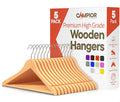 Natural Wooden Hangers 5 Pack – Heavy-Duty with 360° Swivel Hook, Non-Slip, Pants Bar & Shoulder Grooves - Wooden Hangers for Suits, Jackets, Dresses & Camisoles, Space-Saving and Smooth Finish