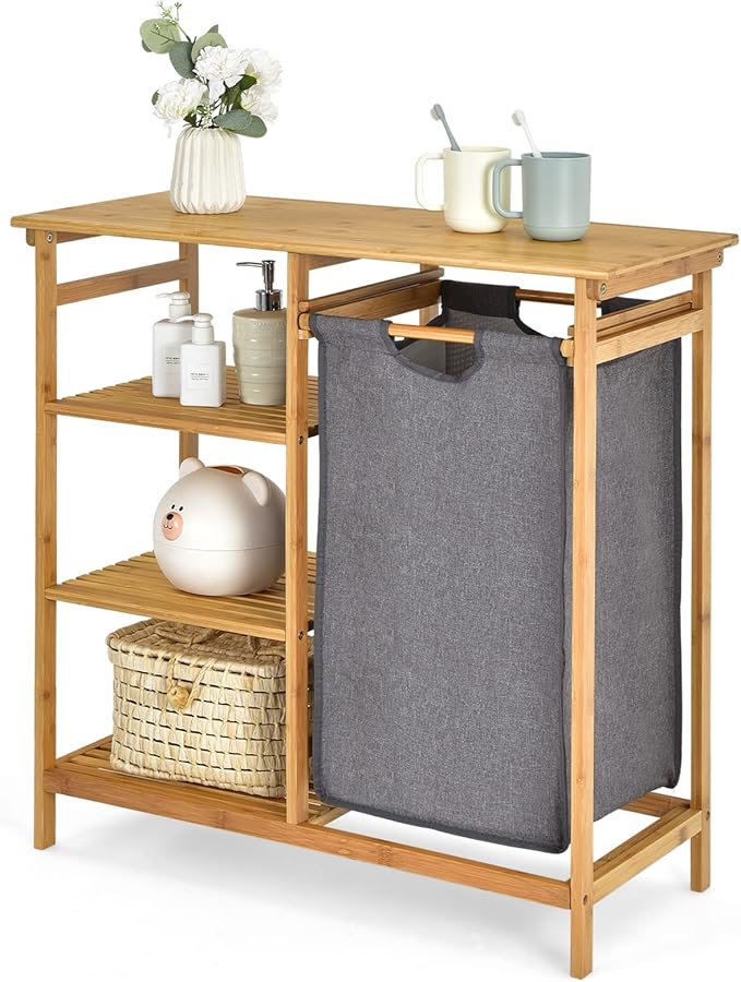 Giantex Bamboo Laundry Hamper Stand, Freestanding Laundry Organizer w/Removable Sliding Bag & 3-Tier Open Shelves, Multipurpose Utility Storage Cabinet for Bathroom, Living Room, Bedroom, Natural