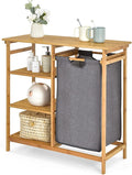 Giantex Bamboo Laundry Hamper Stand, Freestanding Laundry Organizer w/Removable Sliding Bag & 3-Tier Open Shelves, Multipurpose Utility Storage Cabinet for Bathroom, Living Room, Bedroom, Natural