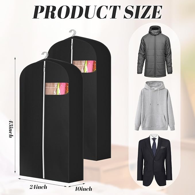 2 Pcs 10" Gusseted Garment Bags for Hanging Clothes Dress Bags for Gowns Long Closet Waterproof Garment Covers Wedding Dress Cover Traveling Clothes Protector (Black,43 Inch)