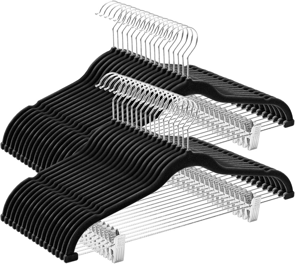 Cozymood Velvet Pant Hangers 36 Packs Ultra Thin Hangers with Clips Non Slip Velvet Skirt Hanger Space Saving Clothes Hanger with Clips for Pants, Skirts, Jeans, Shorts (Black)