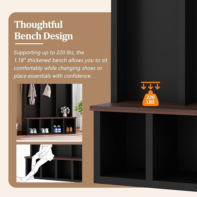 Farmhouse 59" Wide Hall Tree with 5 Black Hooks and Arched Design, Wood Grain Bench with Open Compartments, 4-in-1 Hallway Shoe Cabinet for Mudroom, Living Room (Black-9.9)