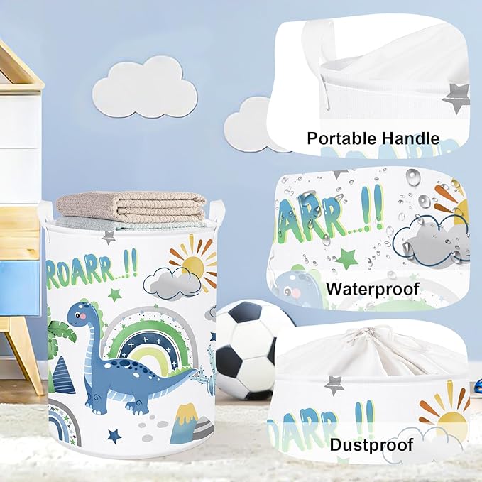 Dinosaur Laundry Hamper Large Storage Basket Cartoon Dino Collapsible Parents Organizer Kids Toy Clothes Bins for Bedroom, Bathroom, Palms, 63L