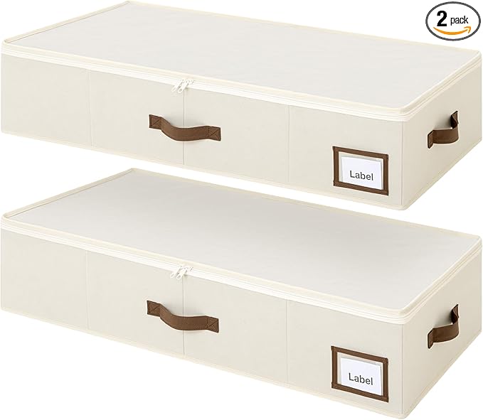 GRANNY SAYS 6.5-Inch Foldable Underbed Storage Box with Lid, Sturdy Frabic Organizer with Reinforced Bottom for Clothes, Shoes, Low-Profile Underbed Container for Bedroom, Closet,2 Pack, Beige