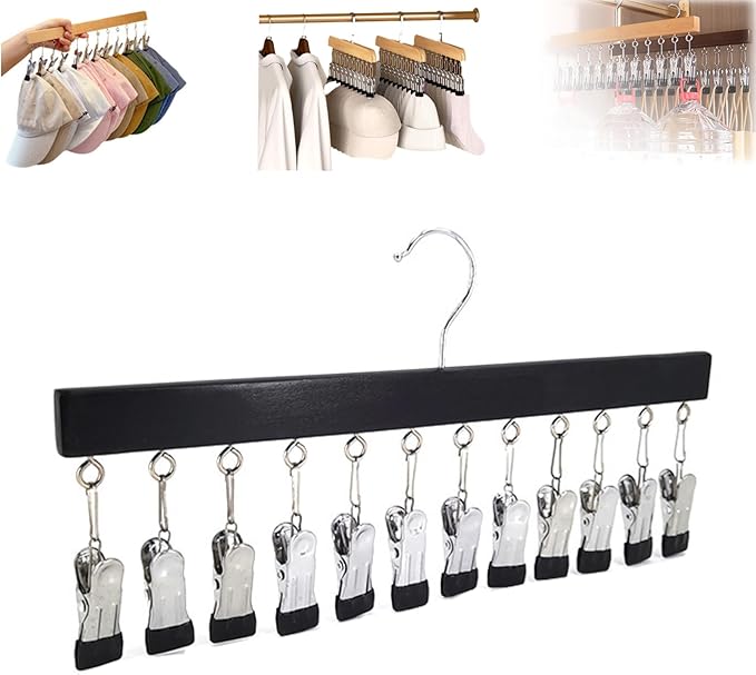 Closet Organizer with 10 Clips, Space Saving Hanging Closet Organizer, Space-Saving Hat Scarf Clothespins for Jeans Skirts Socks Pant Hangers with Clips (Black-12 Clips, 1PC)