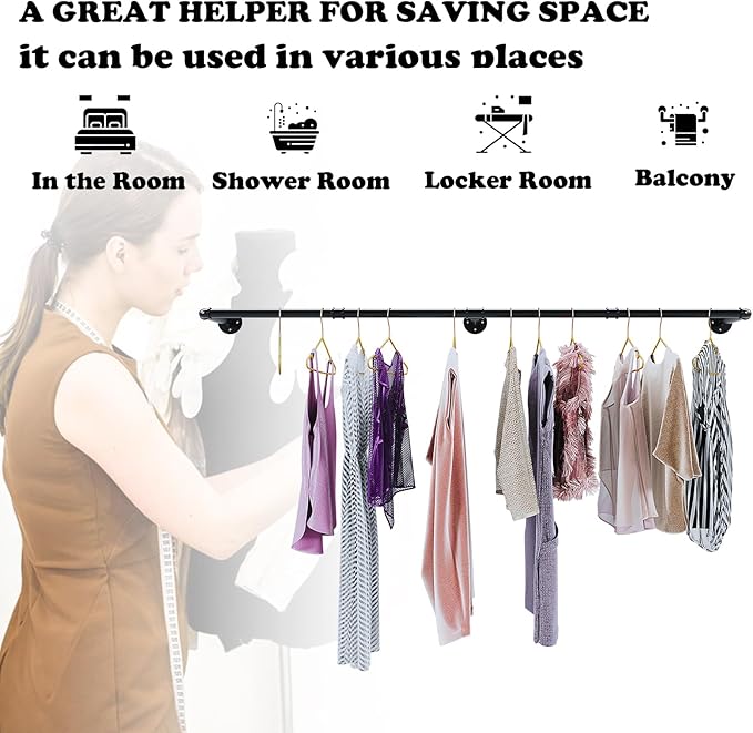 Industrial Pipe Clothes Rack Set of 2, Heavy Duty Detachable Iron Garment Rack Wall Mounted, Rustic Saving Space Clothes Bar Multi-Purpose Hanging Rod for Bedroom, Closet, Black (72.5 Inch)