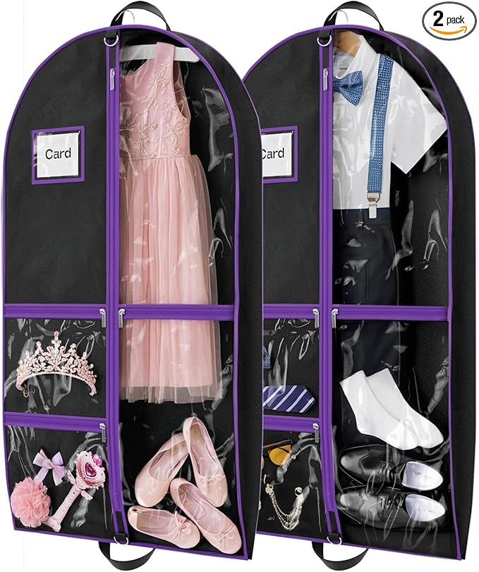 2Pack Dance Garment Bags for Dancers, 40" Garment Bags for Hanging Clothes with 3 Clear Zipper Pockets, Cheer Uniform Garment Bag for Suits, Travel & Sports Jersey, Cheer Uniform (Purple, 2Pack 40")