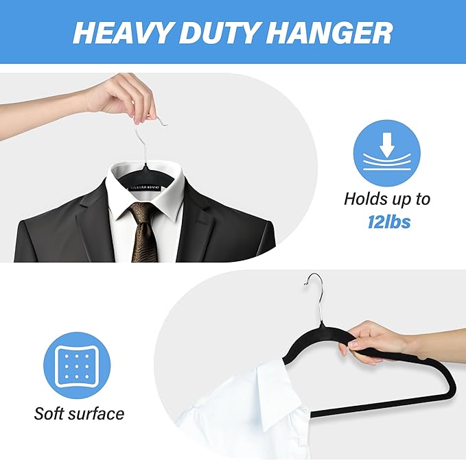 YSSOA Velvet Hangers 50 Pack, Non-Slip Clothes Hangers with Shoulder Notches, Heavy Duty Coat Suit Hangers with 360° Swivel Hooks, Black