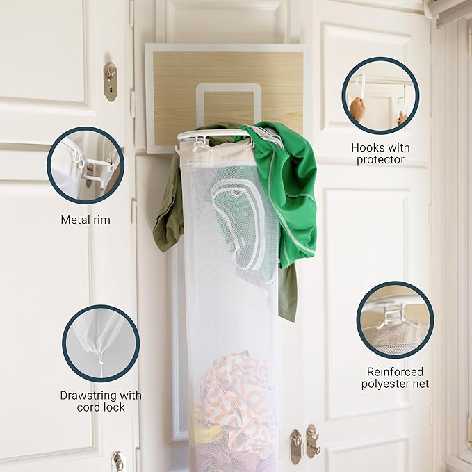 ActiveJoy – Basketball Laundry Hamper – Wooden Backboard & Mesh Hoop Laundry Basket – Over Door Hanging Organizer for Kids - White Oak