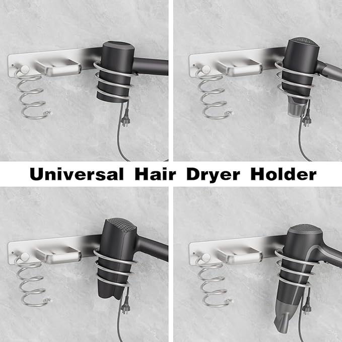 hicorfe Hair Dryer Holder 3 in 1 Hair Tool Organizer,Blow Dryer Holder Wall Mounted,Bathroom Bedroom Care Styling for Flat Iron,Curling Iron,Hair Straightener（Silver）