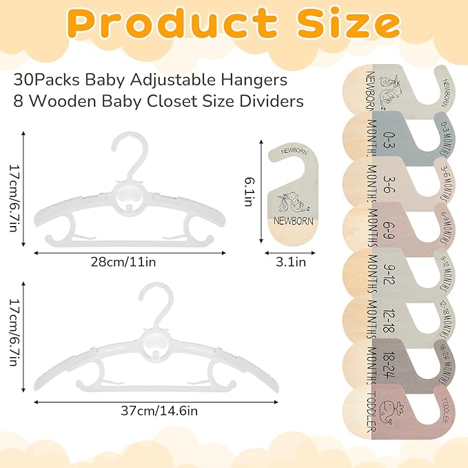 Hsei 38 Pack Baby Closet Organizer System-30 Baby Hangers with 8 Wooden Size Dividers Newborn to 24 Months Nursery Closet Organization Set, Extendable Non-Slip Hangers, Gift for New Moms