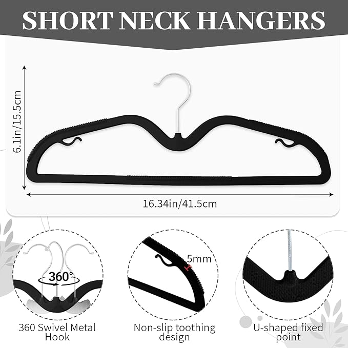 LemonRoad 50 Pcs Upgraded Plastic Short Neck Hangers, Anti-Slip Space Saving Hangers with 360 Swivel Hooks for Clothes, Smooth, Not Velvet (Black)