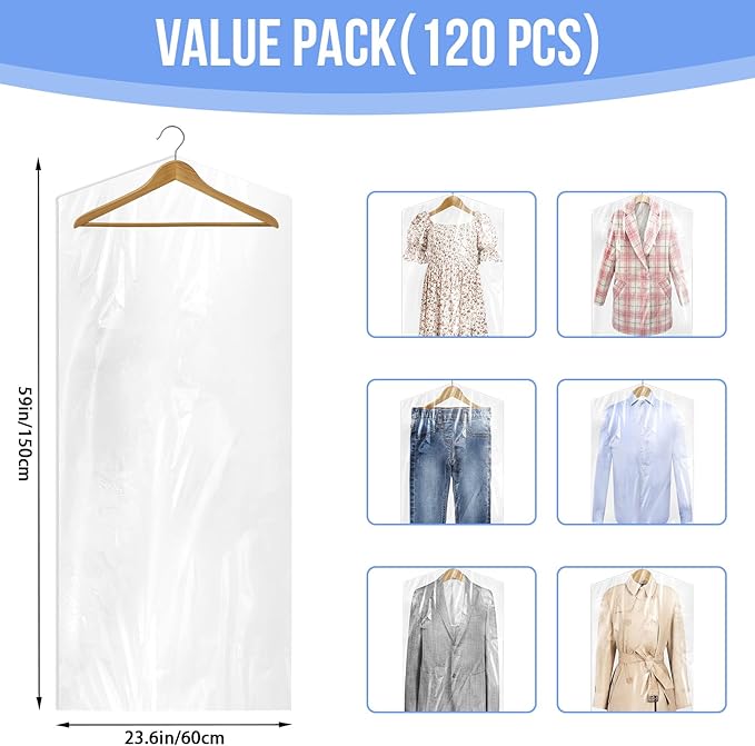 120 Pack Dry Cleaning Bags, 59 Inch Dry Cleaner Bags Plastic Clear Garment Bags for Hanging Clothes Storage Bag for Long Dress Gown Coat