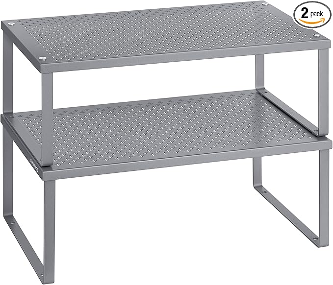 SONGMICS Spice Racks, Set of 2 Metal Cabinet Shelf Organizers, Countertop Organizers, Shelf Risers, Stackable, Expandable, Silver UKCS401G01