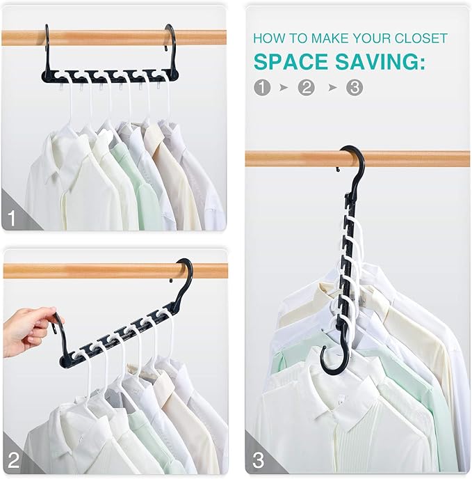 HOUSE DAY Sturdy Plastic Space Saving Hangers 12 Pack, Cascading Hangers Organizer Closet Space Saver 80% and Wrinkle Free Clothes, Multi Collapsible Hanger for Heavy Clothes, Shirts, Pants (Black)