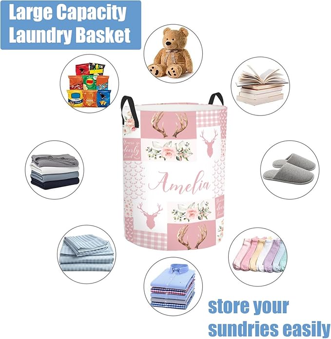 Custom Name Deer Laundry Baskets, Personalized Pink Laundry Basket for Kids & Adults, 2 Sizes Storage Organizer