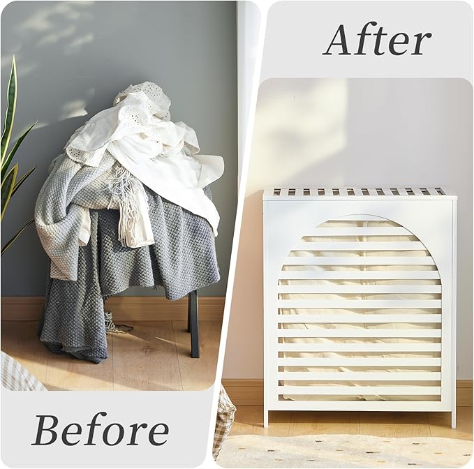 Laundry Hamper with Lid, Bamboo Clothes Laundry Basket with Handles, Removable 2-Section Liner bag, Hampers for Bedroom Aesthetic, Large Storage for Bath Towel, Sheets or Toys, Home (White)