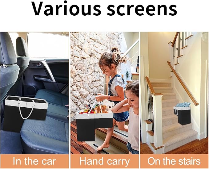 Stair Basket for Stairs with Handle, Staircase Baskets for Carpeted and Wooden Stairs,16" Step Storage Basket for Toys, Clothes, Books, Tools, with Hard Board, Anti-slip (Black&White, 2 pack)