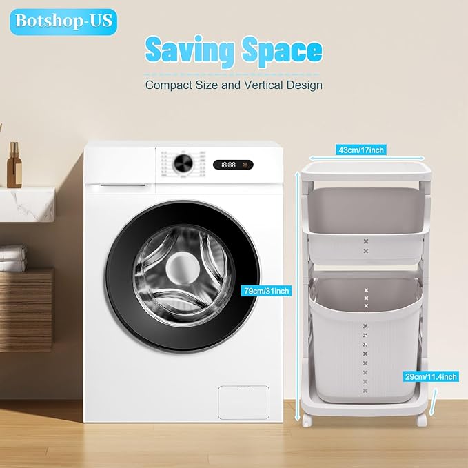Laundry Hamper Basket, 2-Tier 3 Baskets Removable Basket Cart with Wheel, Dirty Clothes Storage Organizer Shelf, Plastic Stackable Washing Clothes Sorter for Bathroom, White