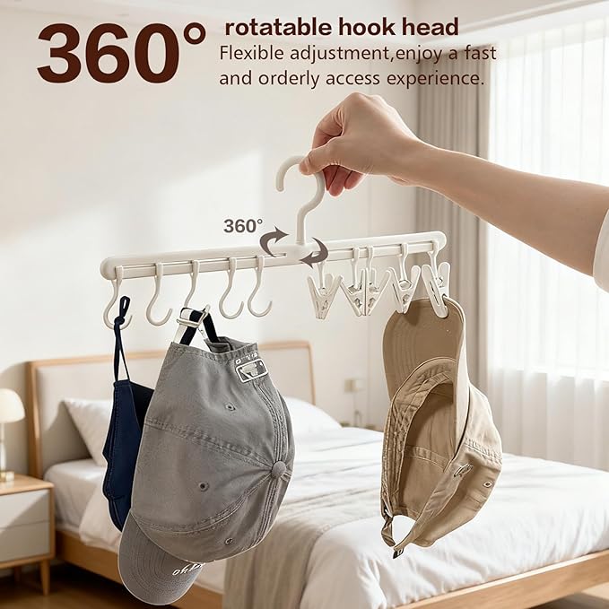 360° Rotatable Hat Organizer for Closet Hanger with 5 Hooks & 5 Clips - Adjustable Space-Saving Closet Rack for Baseball Caps and Hats, White