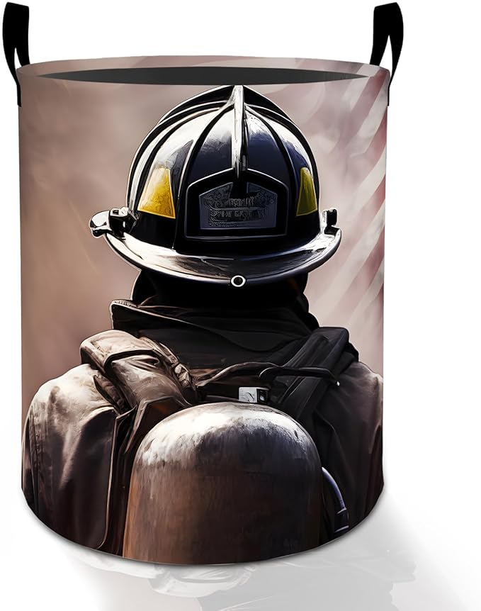Firefighter Laundry Basket Hamper for Boys Girls Kids Adults, Foldable Waterproof Oxford Clothes Storage Bin, Patriotic Organizer for Bedroom Bathroom Room Decor 19.7"x15.8"