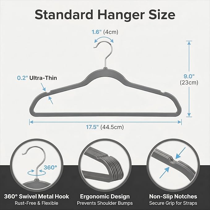 HOUSE DAY Quality Plastic Hangers 100 Pack - Heavy Duty Non-Velvet Hangers with Non Slip Notches & 360° Swivel Hook - Slim Space Saving Clothes Hangers Ideal for Coats Shirts Jackets Dresses (Gray)