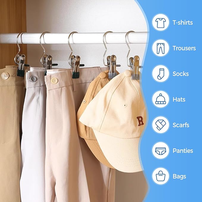 Clothes Pins Hanging Clips, 2025 Upgrade Space-Saving Clothespin Hat Pants Storage Hanging Travel Hook, Multifunctional Hanger Hooks Anti Rust Clips for Clothes (10, Green)